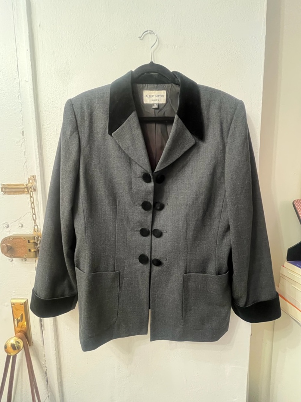 Albert Nipon Vintage Women's Gray Wool Blend Jacket with Black Velvet Trim
